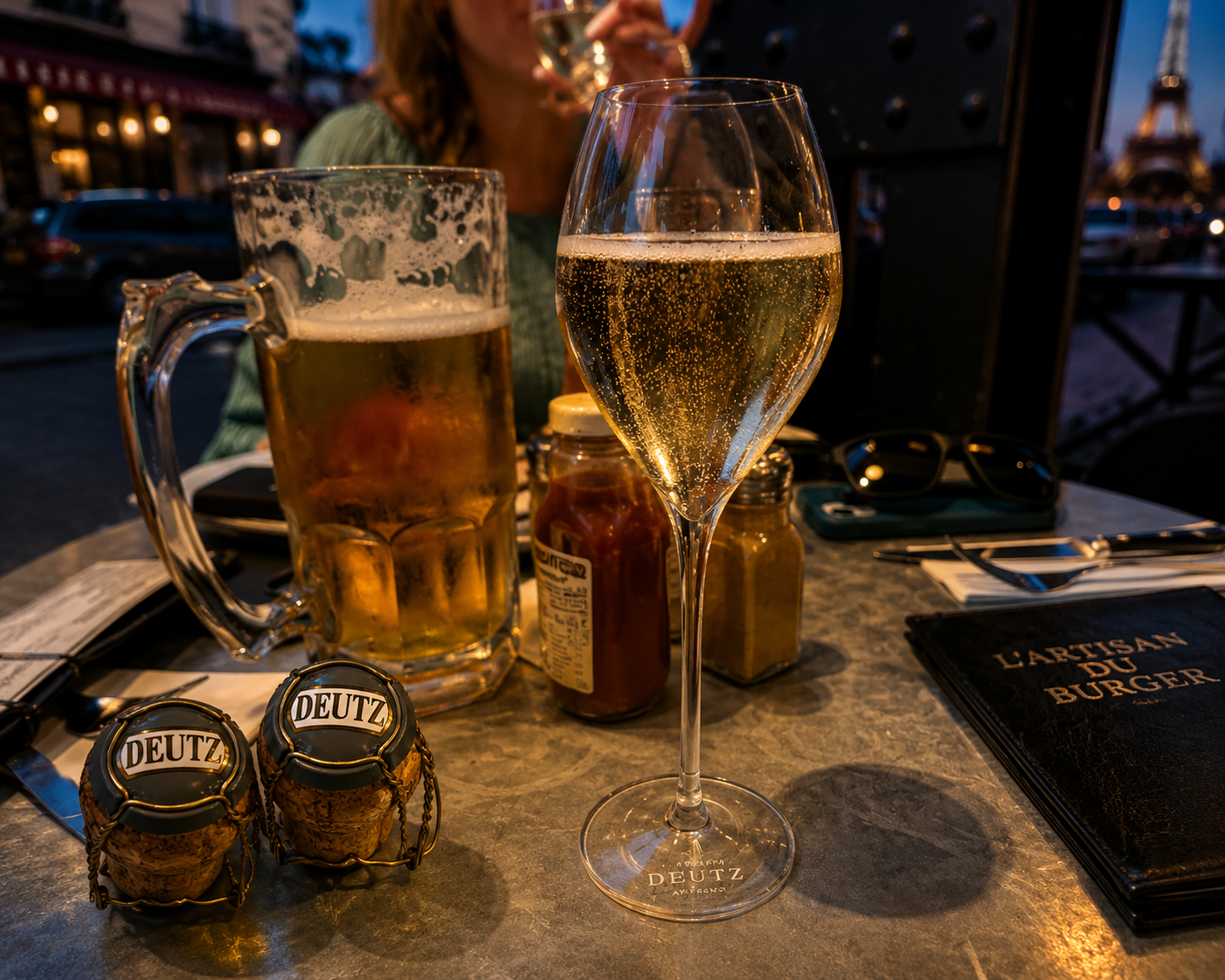 A glass of Deutz Champagne on a Paris terrace table with the Eiffel Tower lit up behind